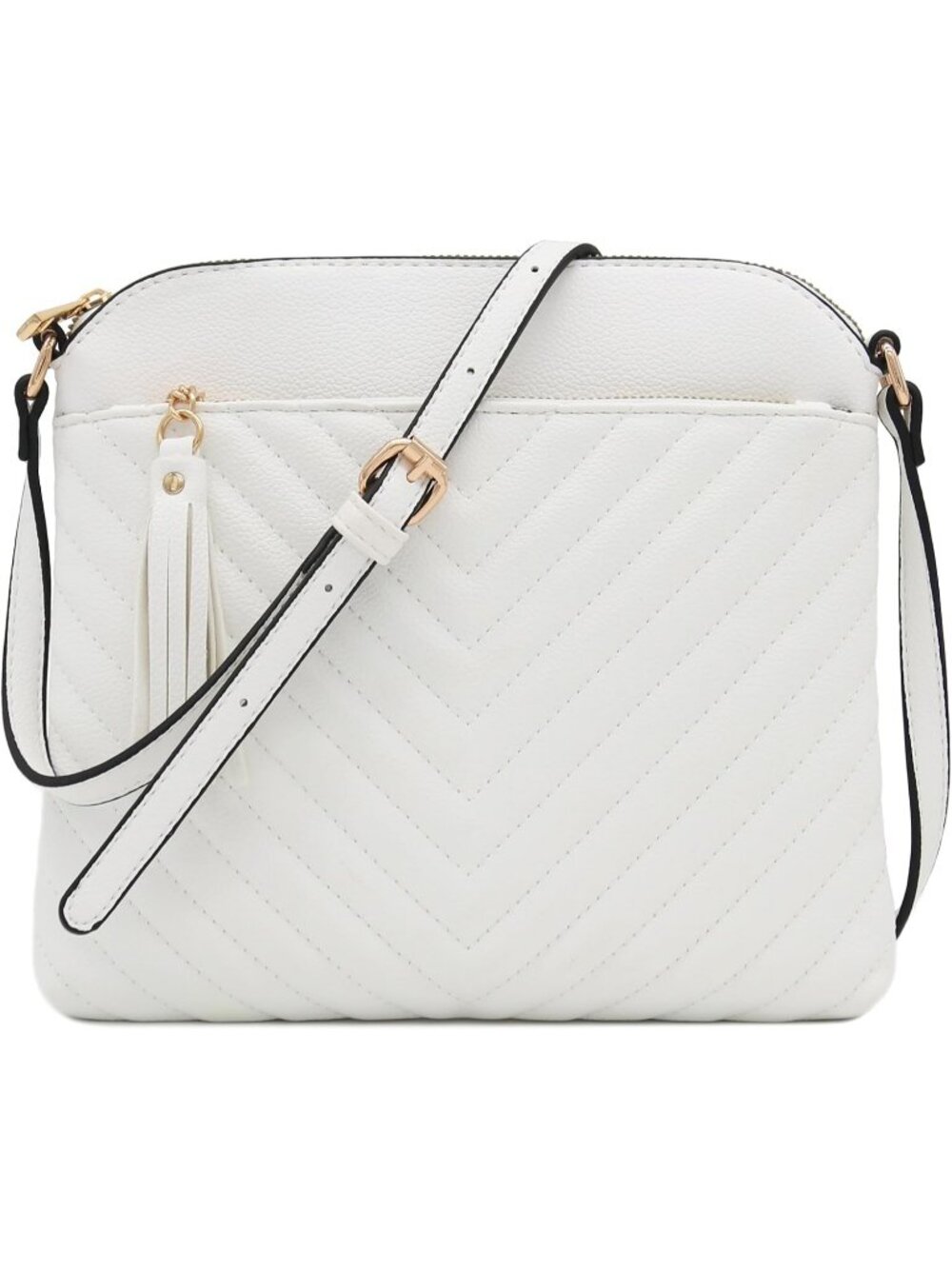 Women White Smoke Chevron Quilted Medium Tassel Accent Shoulder Crossbody Bag